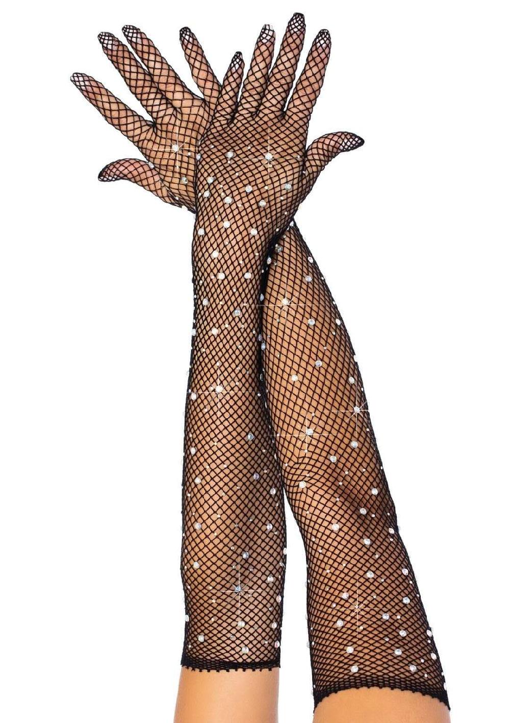 leg avenue Bling Ring Rhinestone Fishnet Gloves Black