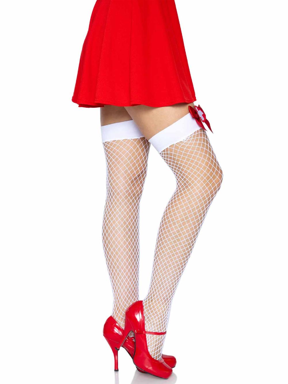 Leg Avenue Cece Nurse Industrial Net Tights White/Red