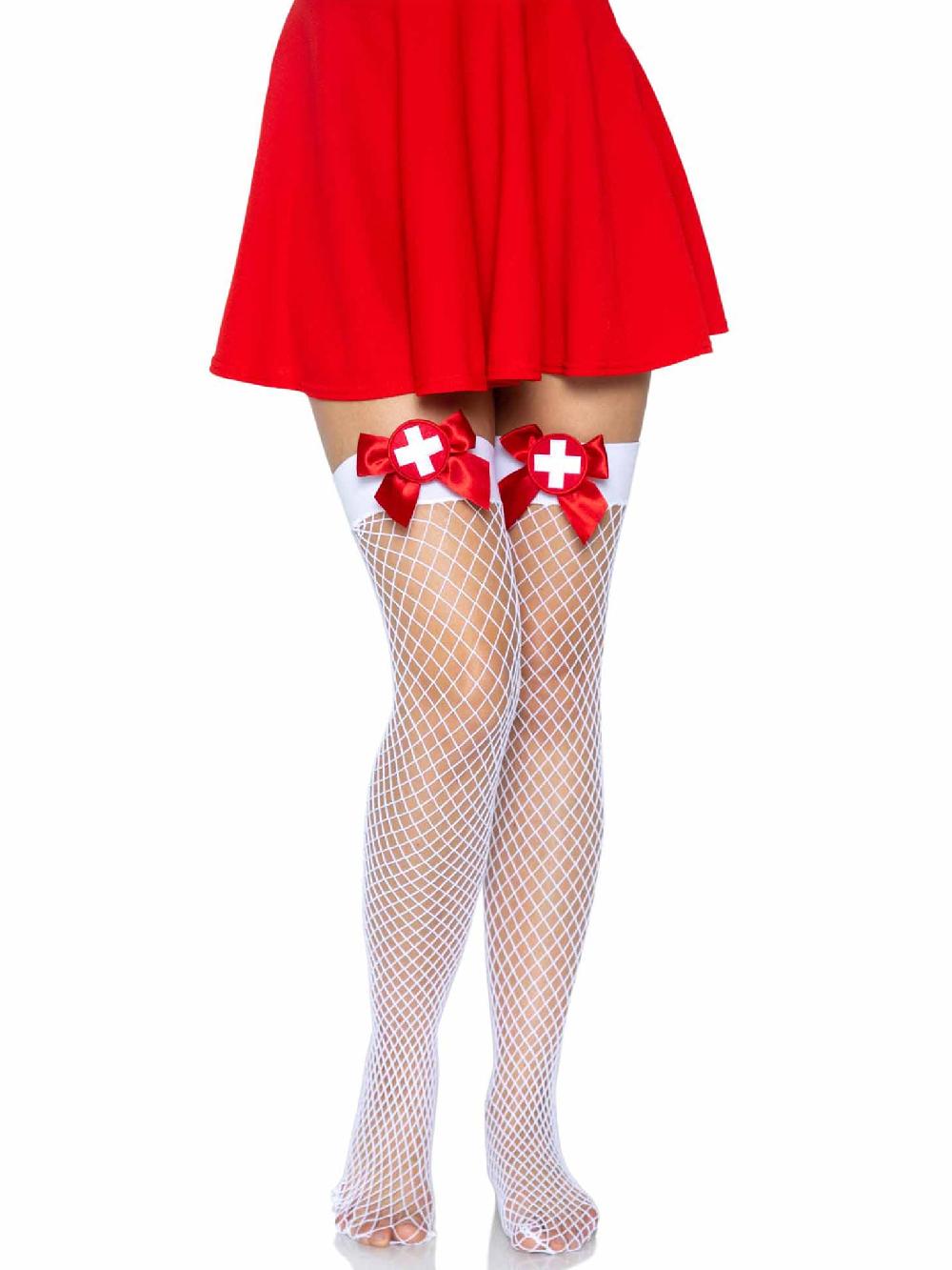 Leg Avenue Cece Nurse Industrial Net Tights White/Red