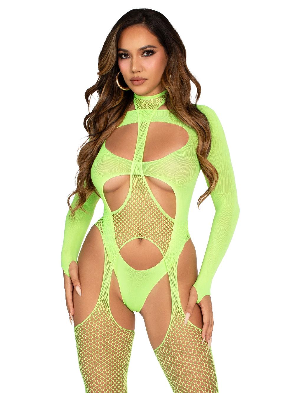 leg avenue Cheat Code Suspender Bodystocking and Teddy Set Neon Green