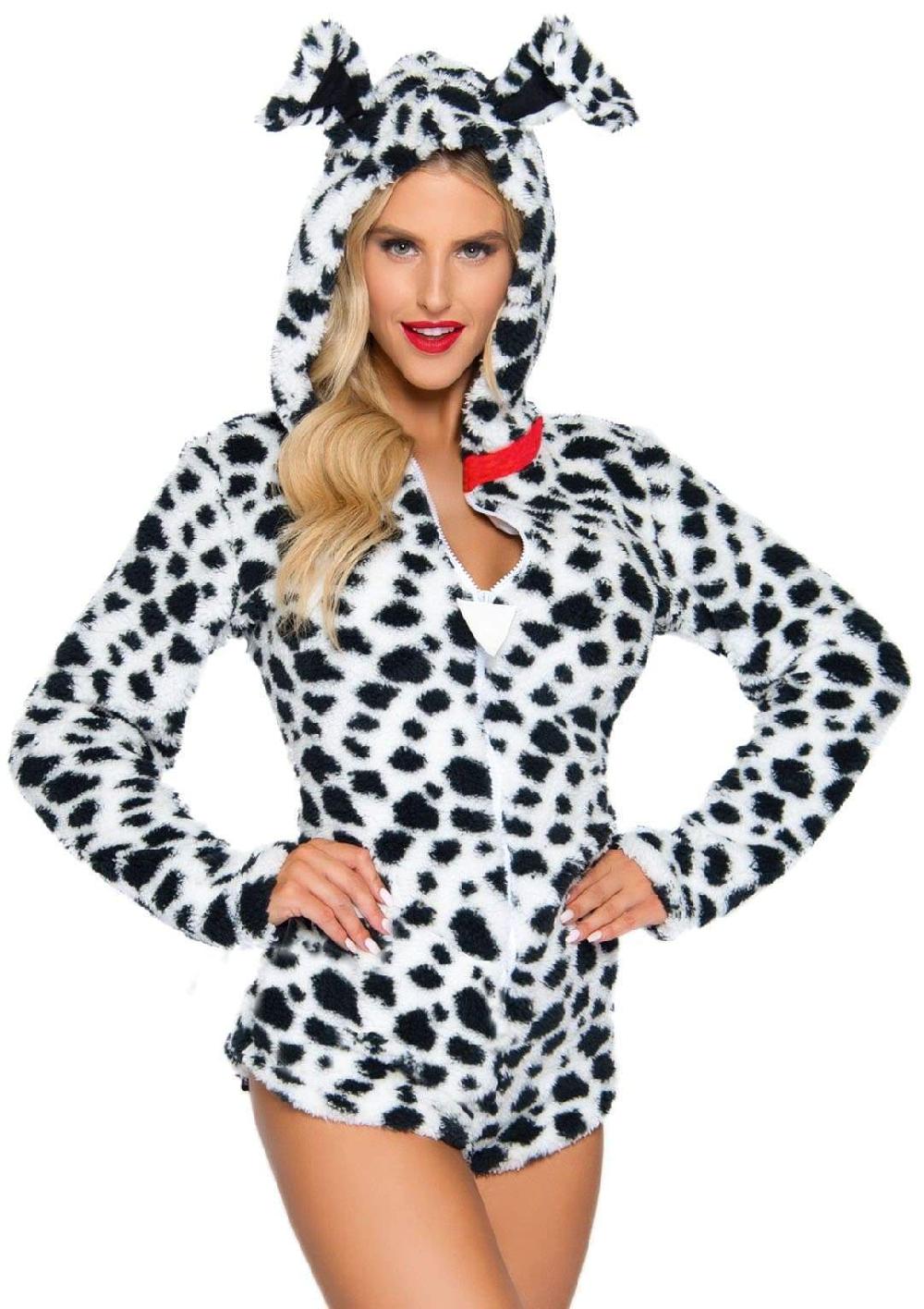 leg avenue Darling Dalmatian Ultra Soft Romper With Hood Black/White