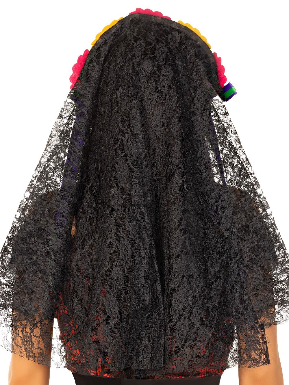 Leg Avenue Day Of The Dead Flower Headpiece With Lace Veil Multicolor