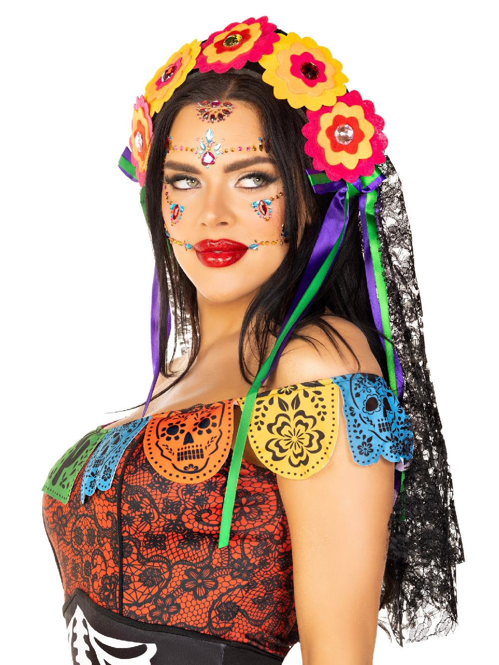 Leg Avenue Day Of The Dead Flower Headpiece With Lace Veil Multicolor