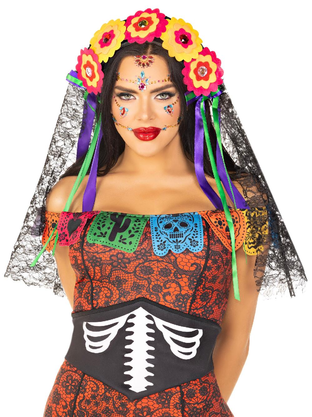 leg avenue Day of the Dead Flower Headpiece with Lace Veil Multicolor