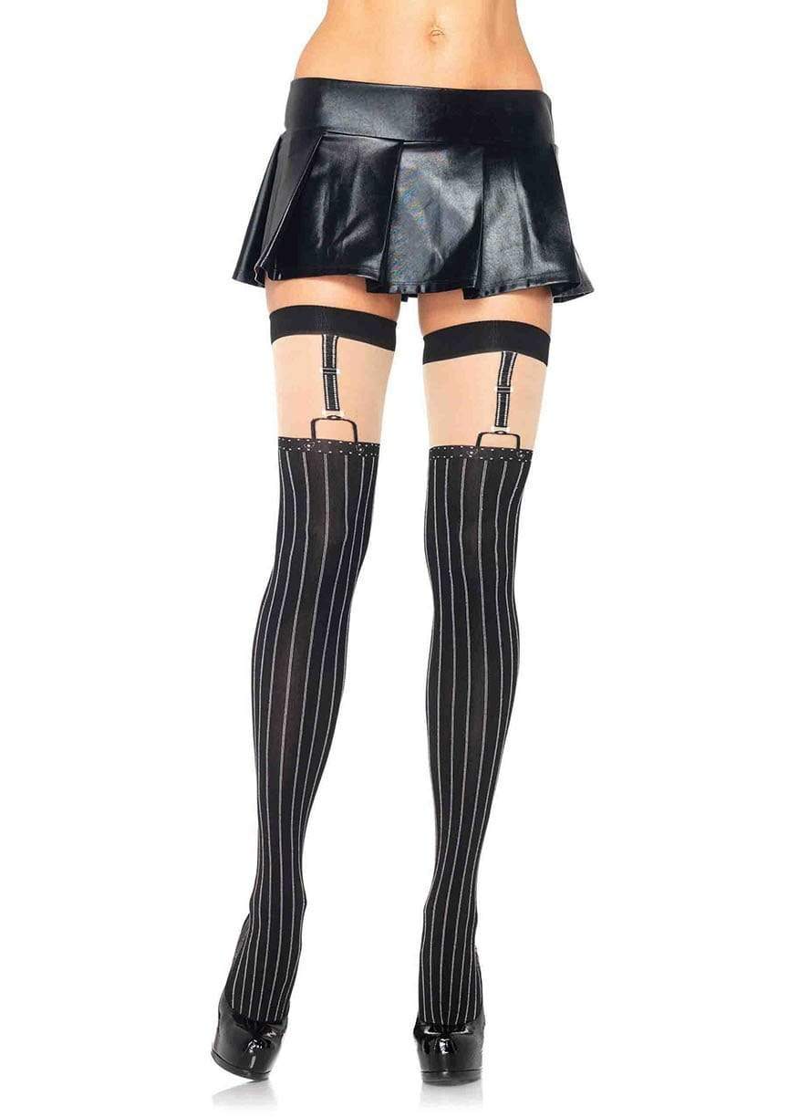leg avenue Dove Pinstriped Suspender Thigh High Stockings Black/Nude