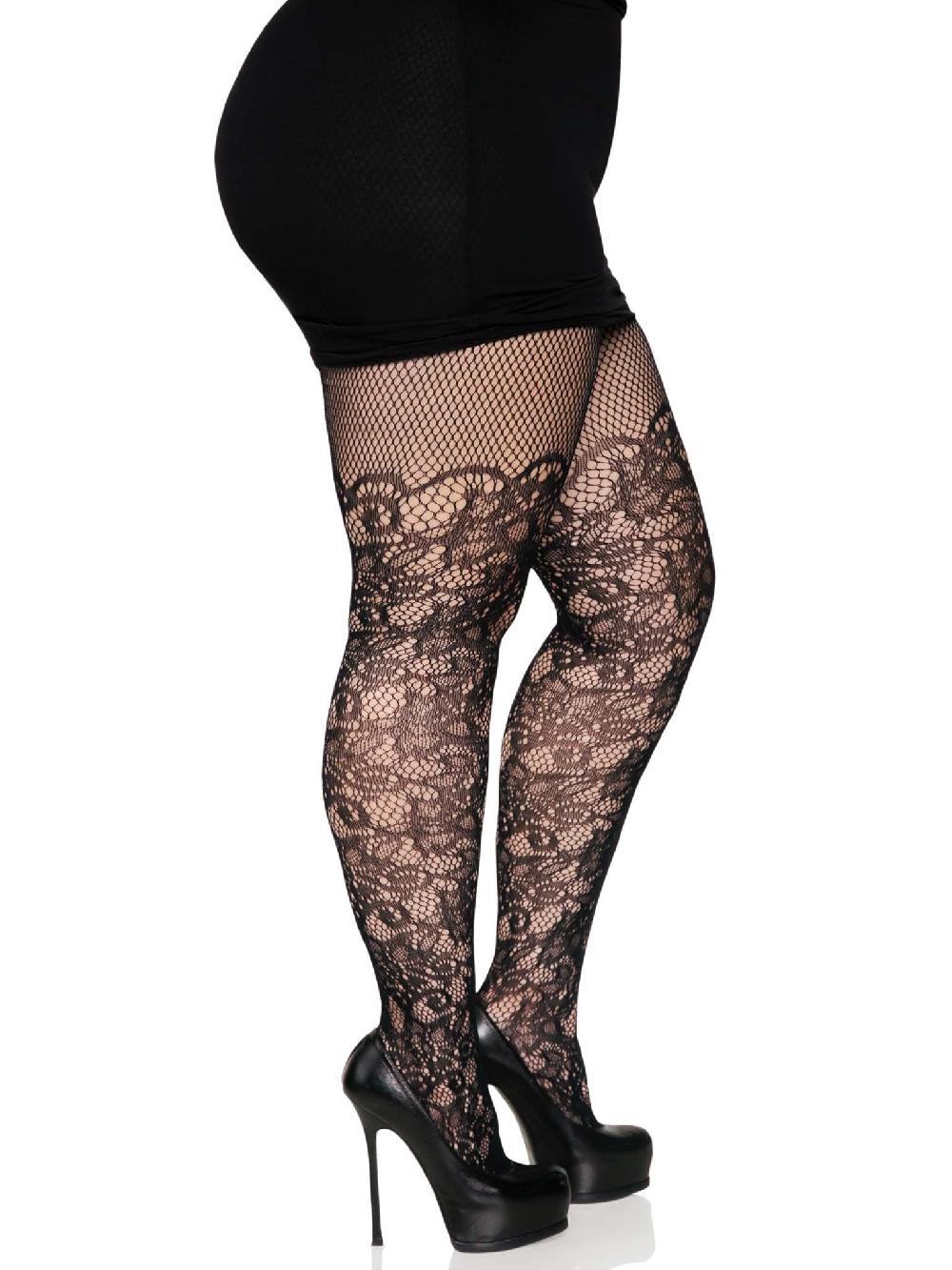 Leg Avenue Drew Plus Floral Vine Fishnet Tights Black
