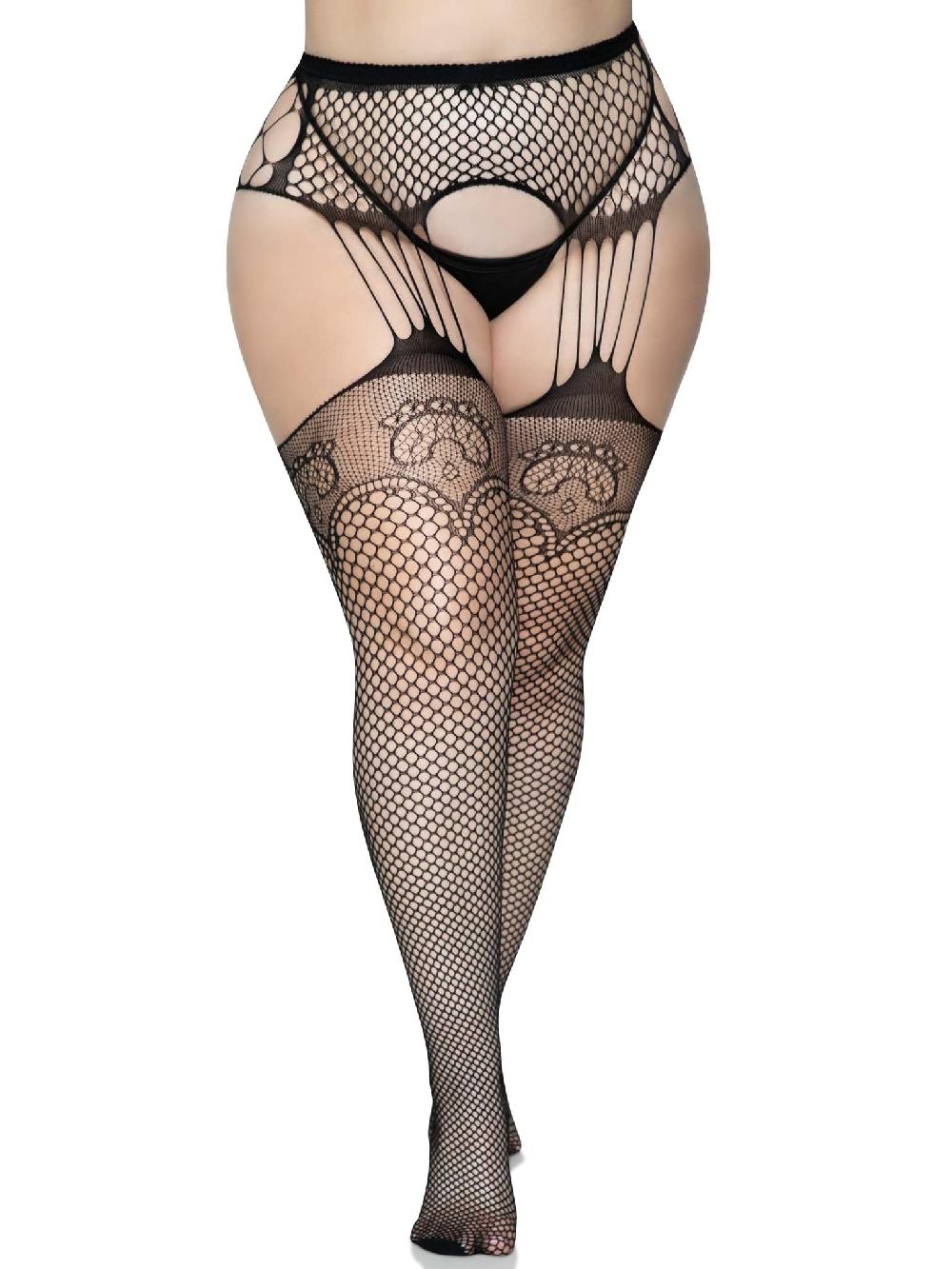Leg Avenue Duchess Plus Garter Belt Fishnet Stockings Black