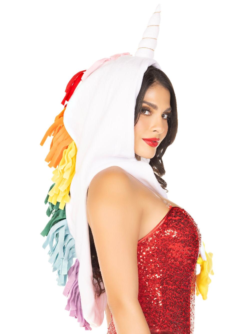 Leg Avenue Fleece Rainbow Unicorn Hood With Star Ties White