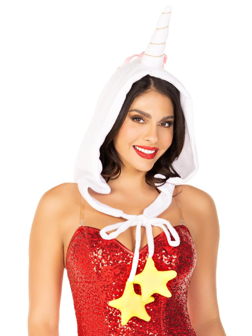 leg avenue Fleece Rainbow Unicorn Hood with Star Ties White