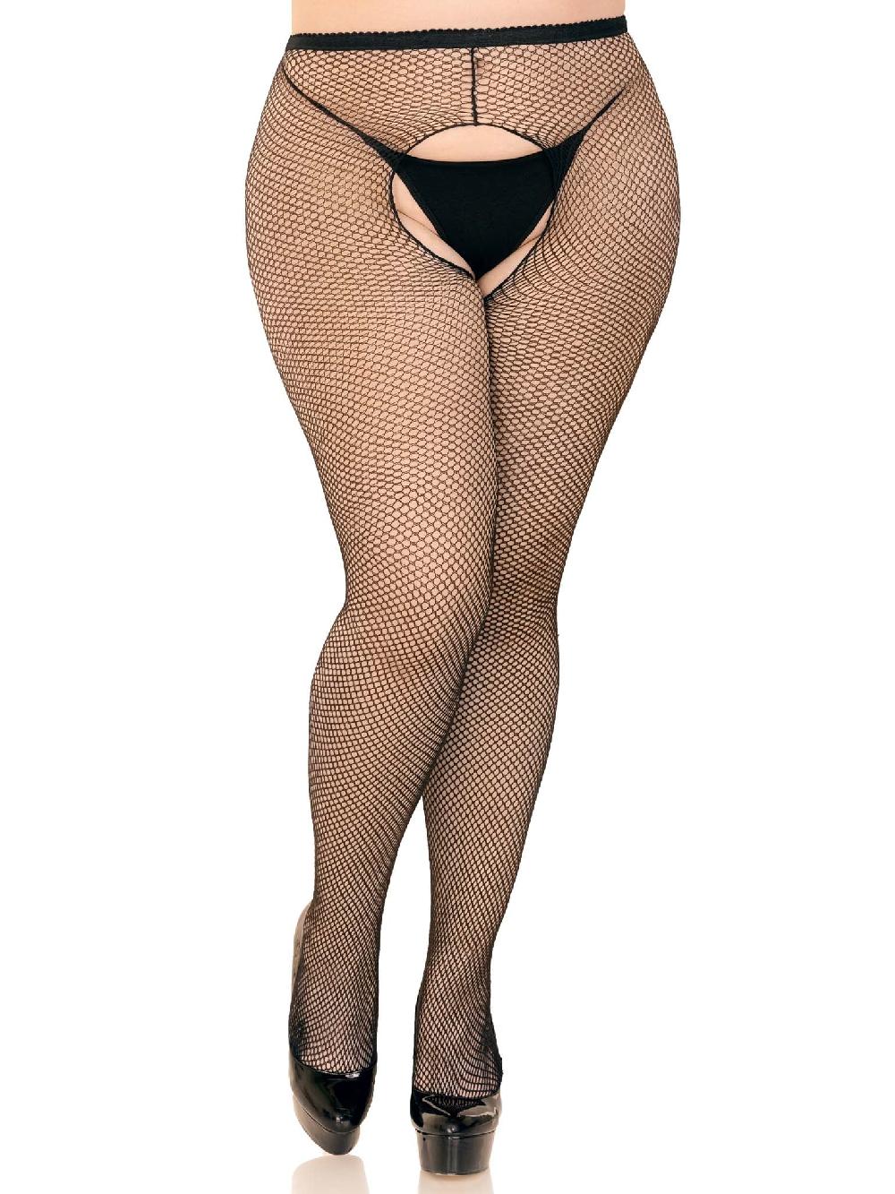 Leg Avenue Ginny Plus Fishnet Crotchless Pantyhose Black