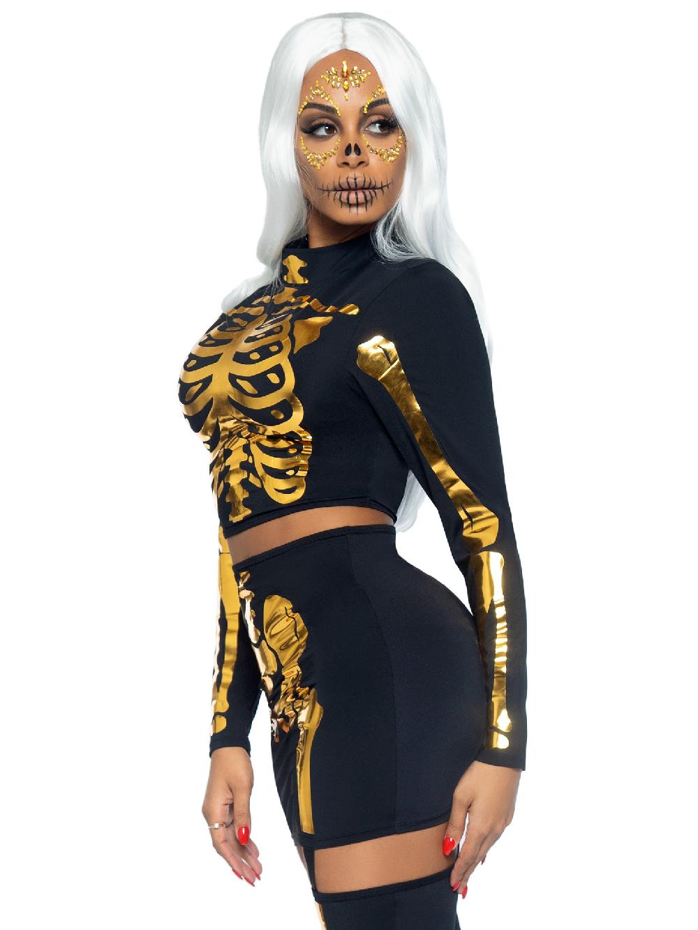 Leg Avenue Golden Skeleton Crop Top And Skirt Black/Gold