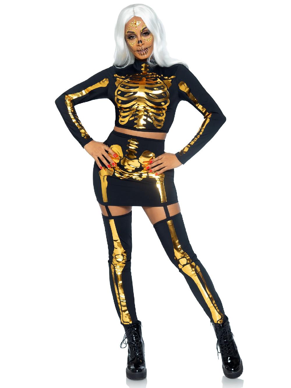 Leg Avenue Golden Skeleton Crop Top And Skirt Black/Gold