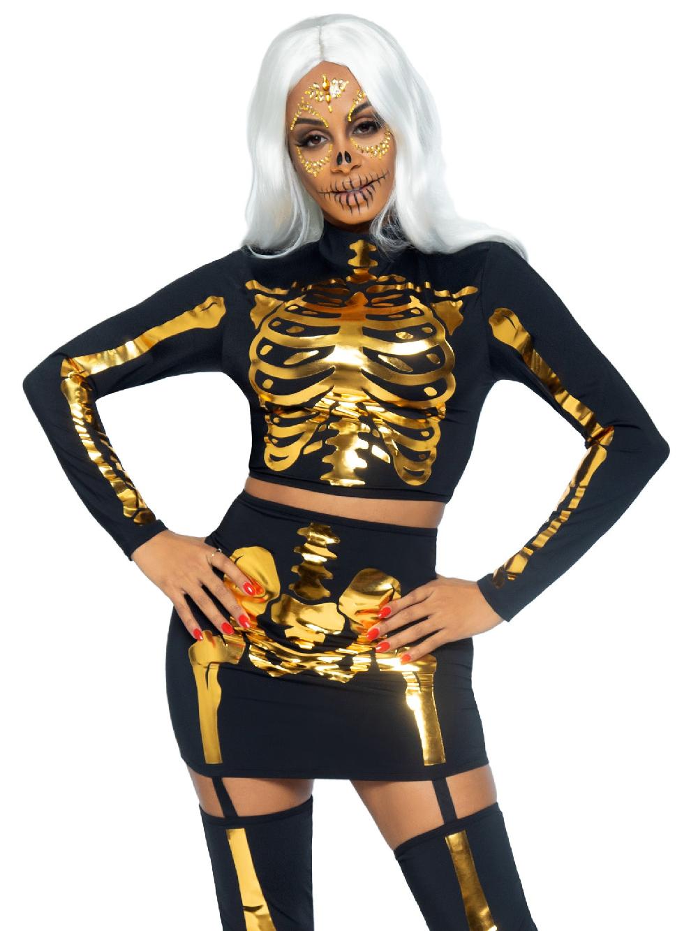 leg avenue Golden Skeleton Crop Top and Skirt Black/Gold