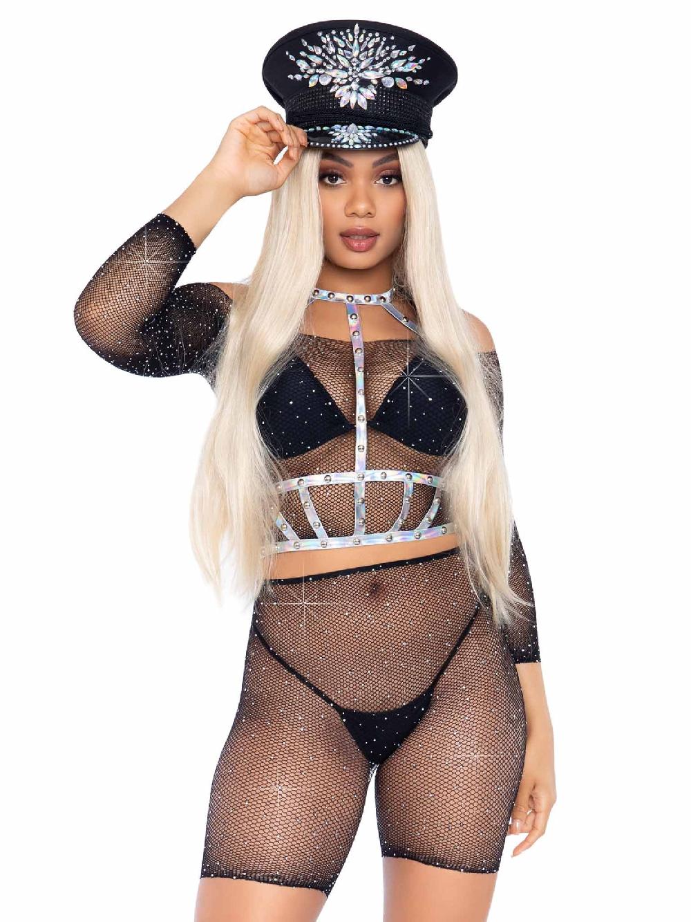 Leg Avenue Good Vibes Fishnet Crop Top & Bike Shorts Black