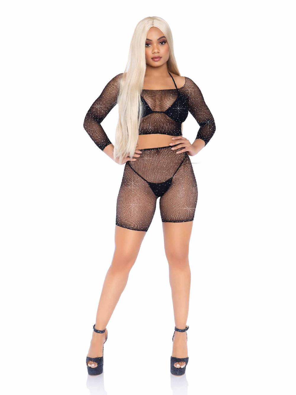 Leg Avenue Good Vibes Fishnet Crop Top & Bike Shorts Black
