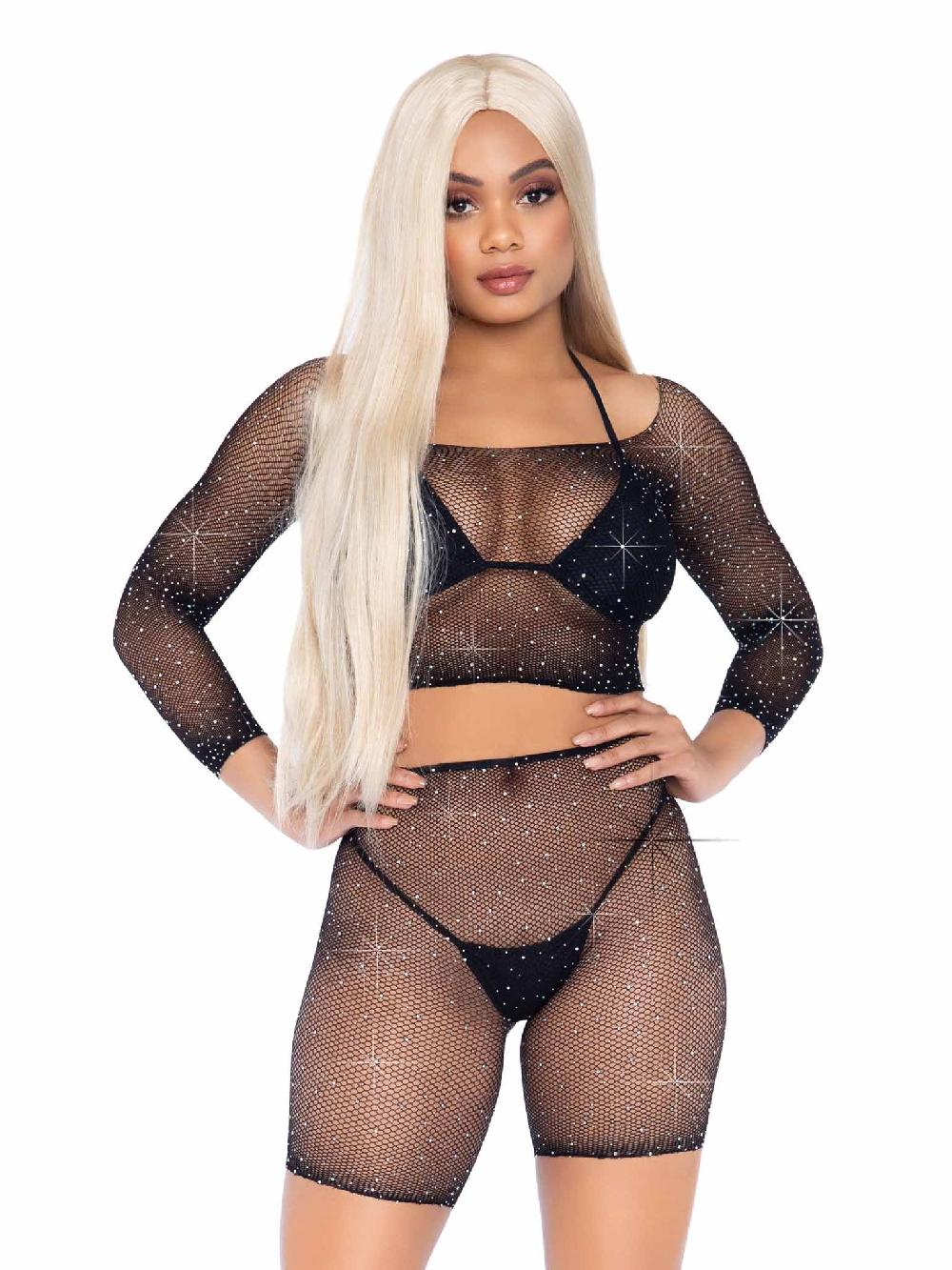 leg avenue Good Vibes Fishnet Crop Top & Bike Shorts Black