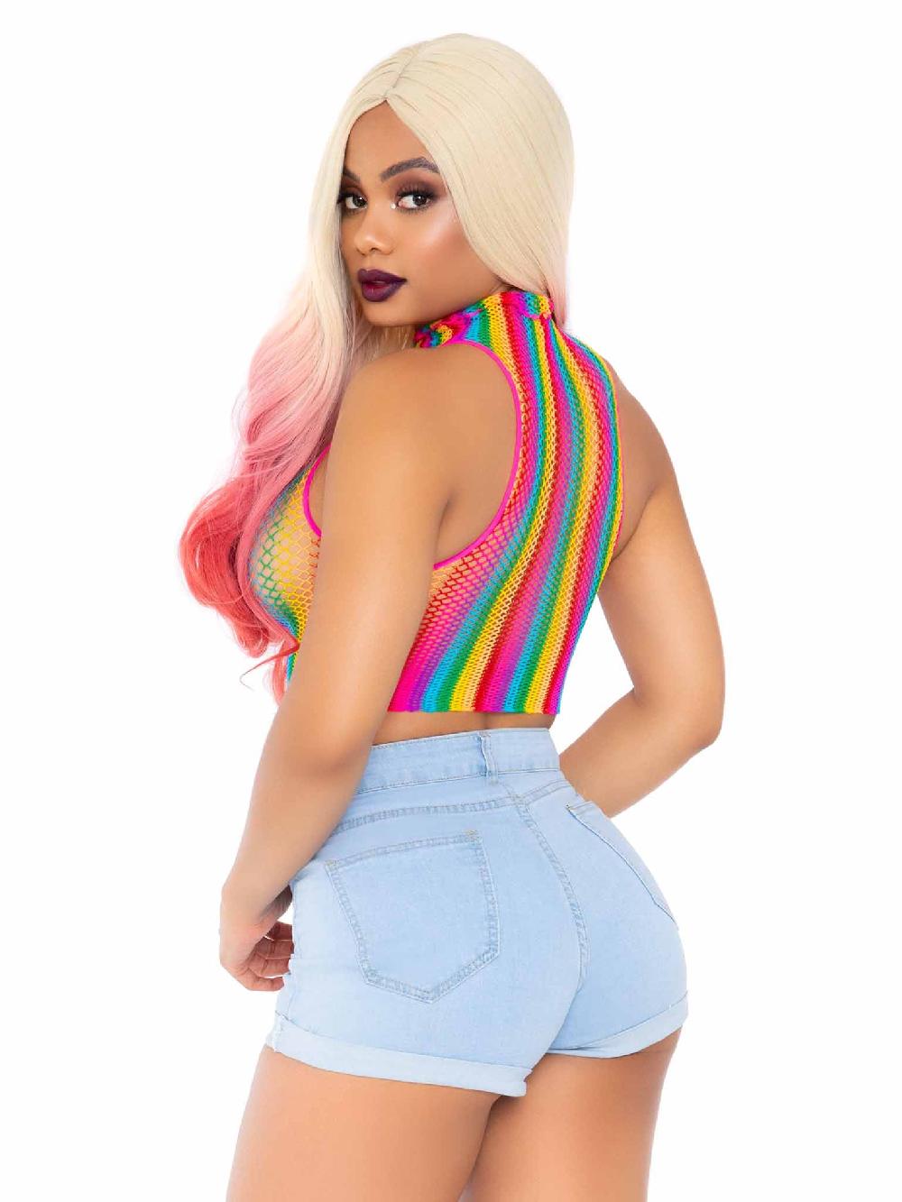 Leg Avenue High Voltage Rainbow Fishnet Crop Top Multicolor