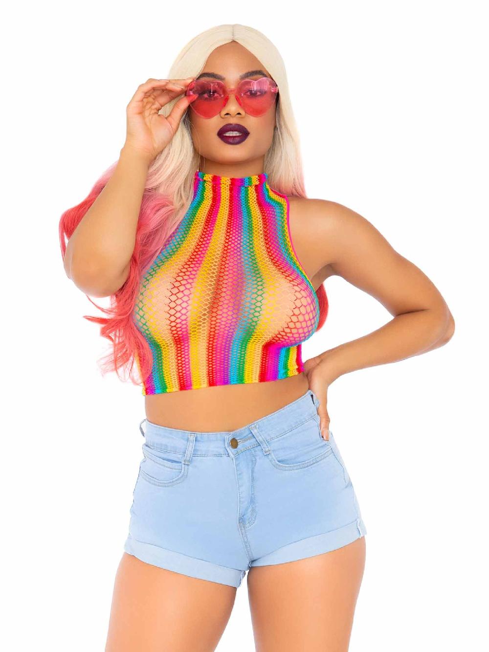 Leg Avenue High Voltage Rainbow Fishnet Crop Top Multicolor