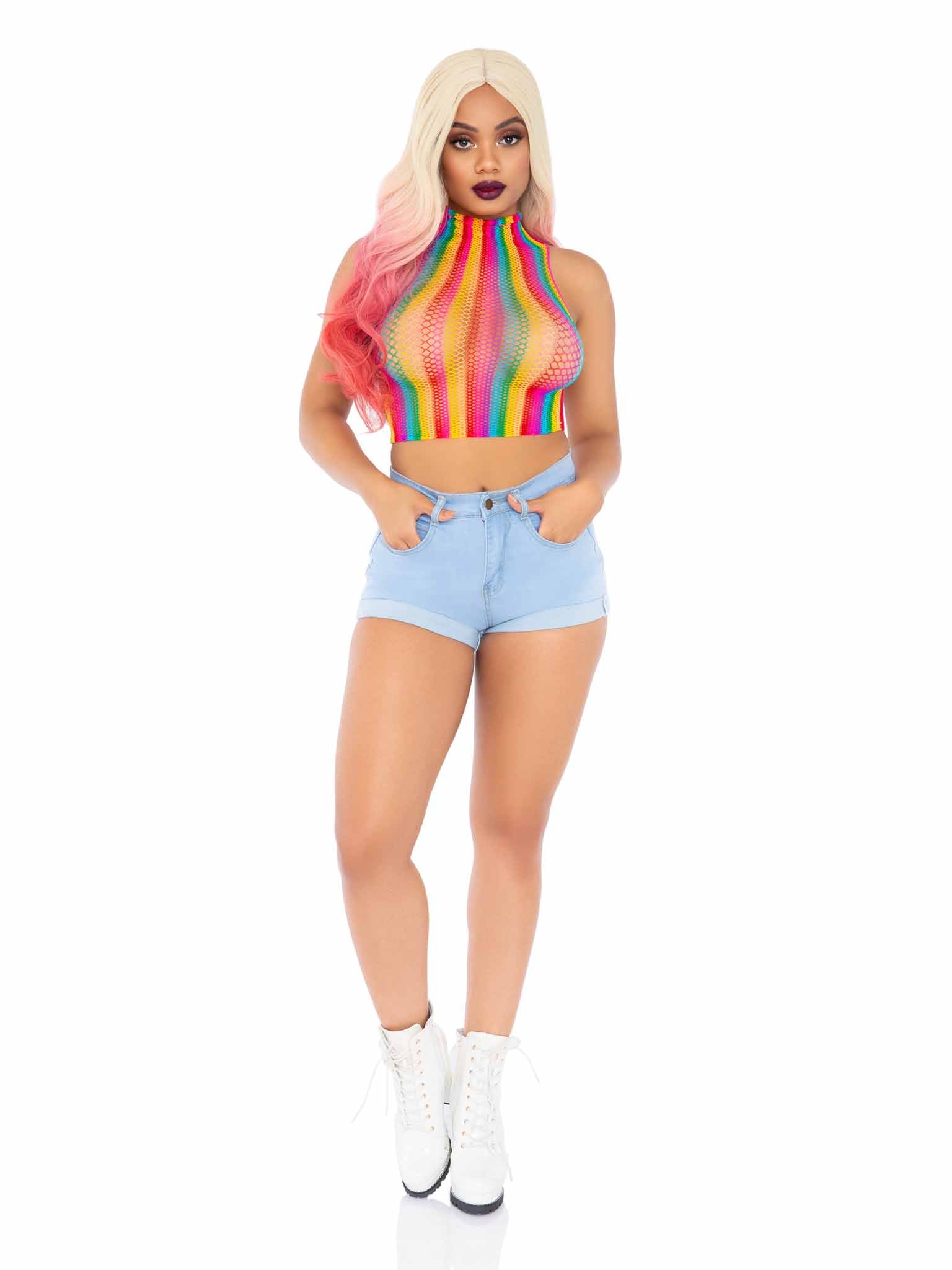Leg Avenue High Voltage Rainbow Fishnet Crop Top Multicolor