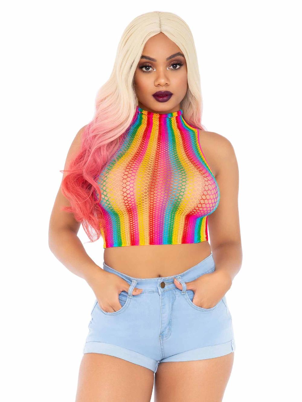 leg avenue High Voltage Rainbow Fishnet Crop Top Multicolor