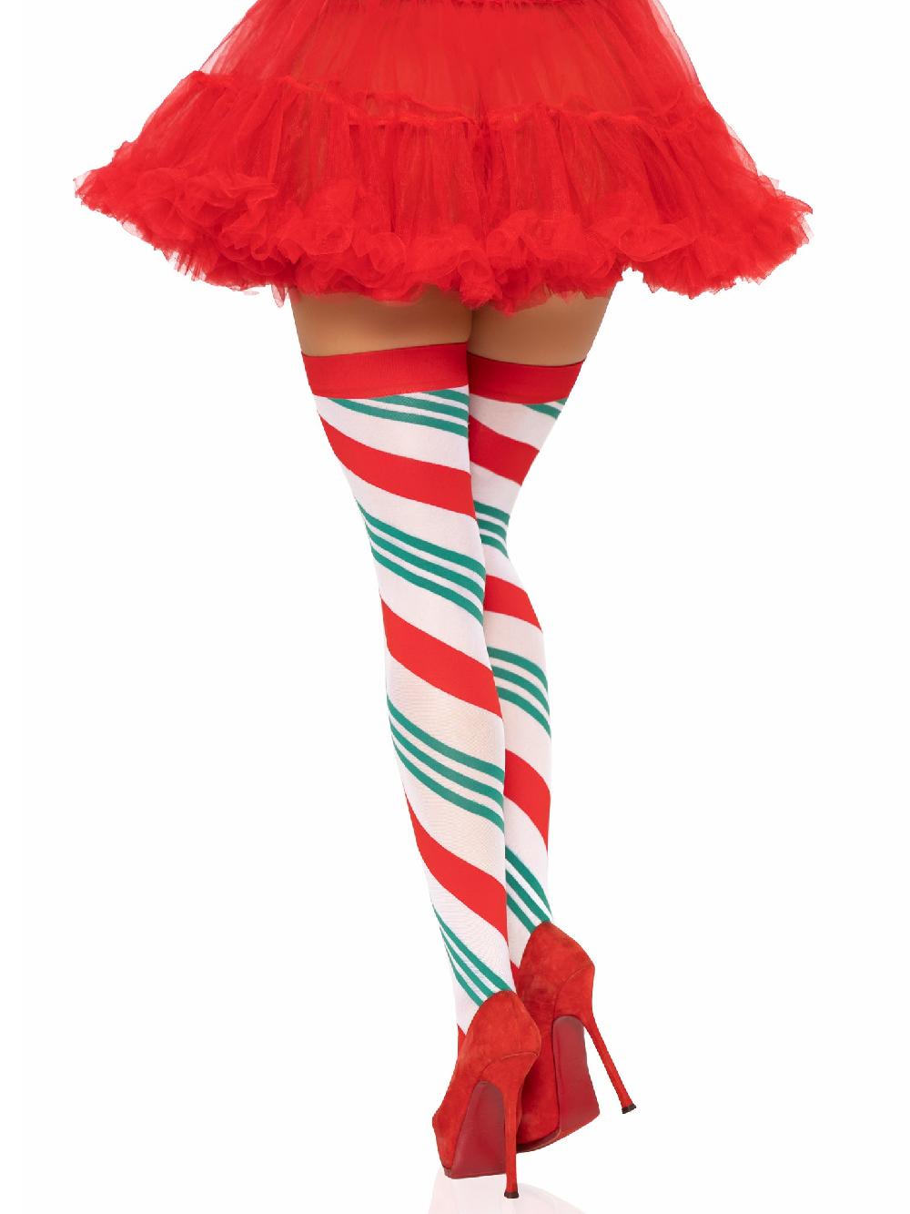Leg Avenue Jolly Holiday Striped Thigh Highs Green/Red