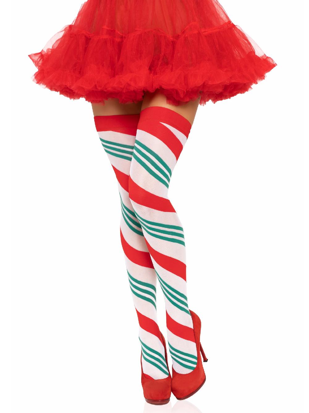 Leg Avenue Jolly Holiday Striped Thigh Highs Green/Red