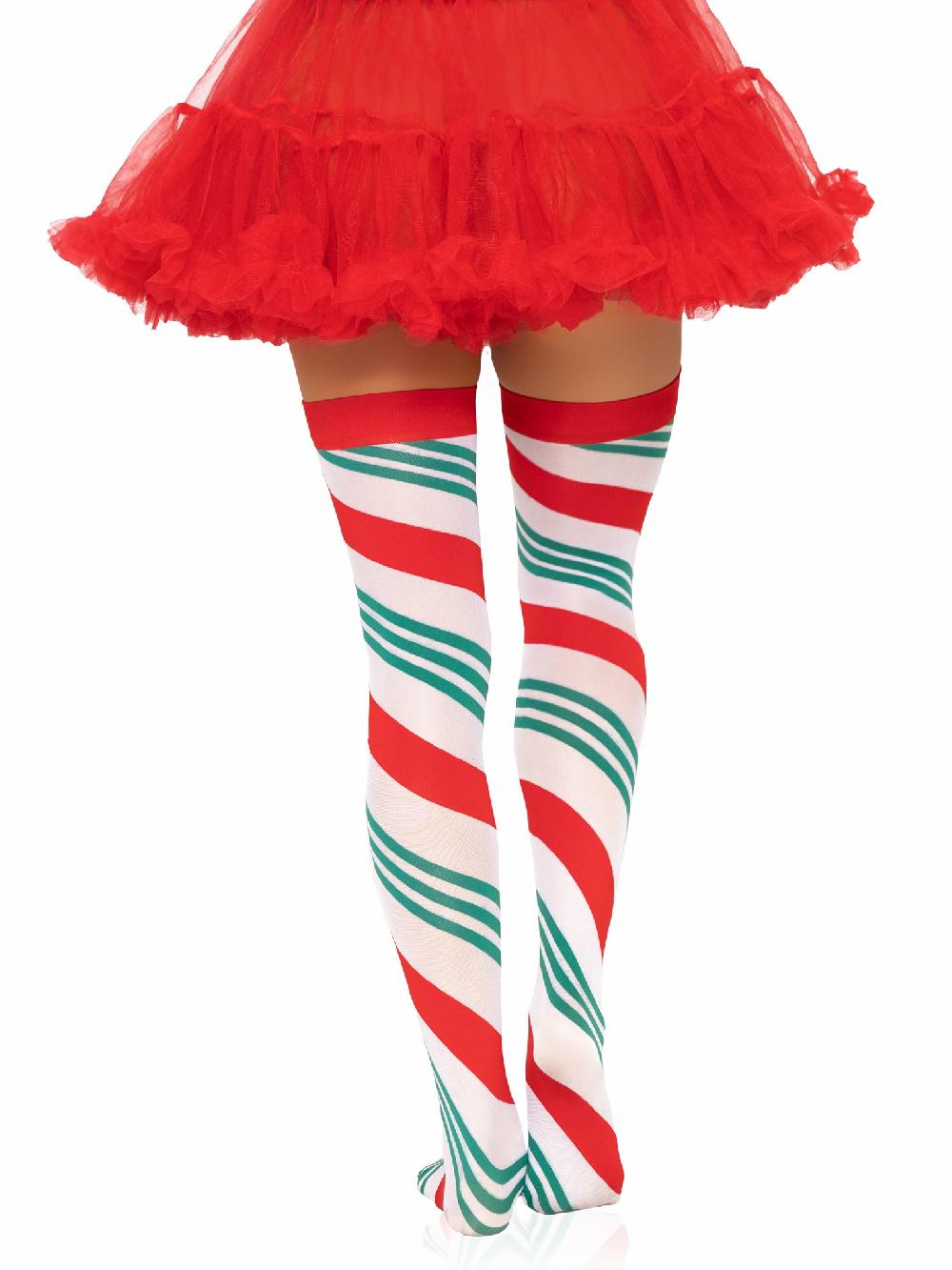 Leg Avenue Jolly Holiday Striped Thigh Highs Green/Red