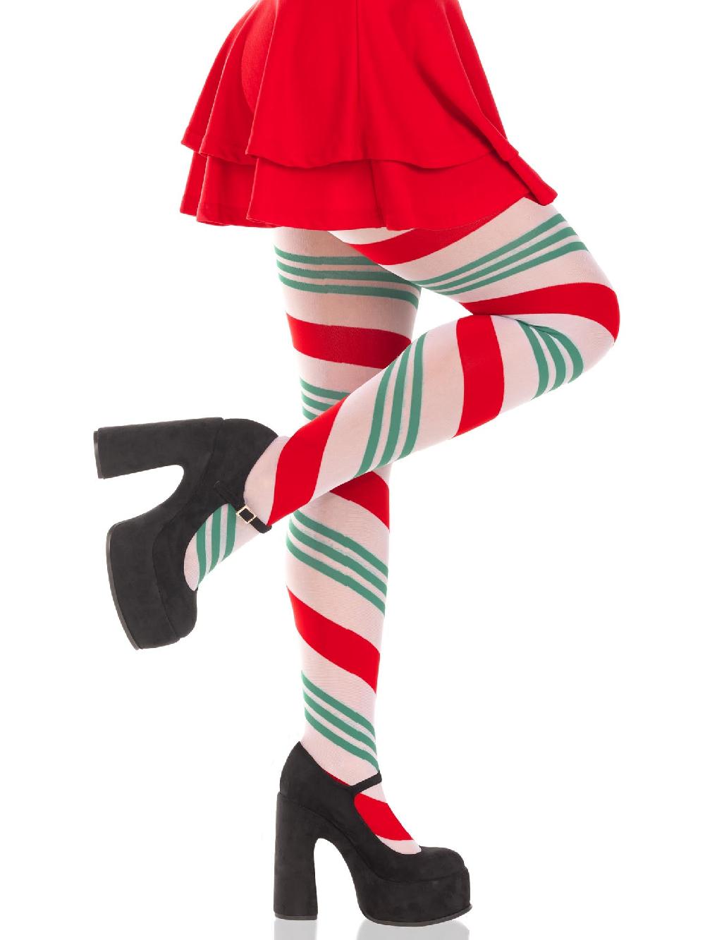 Leg Avenue Lane Holiday Ribbon Striped Tights Green/Red