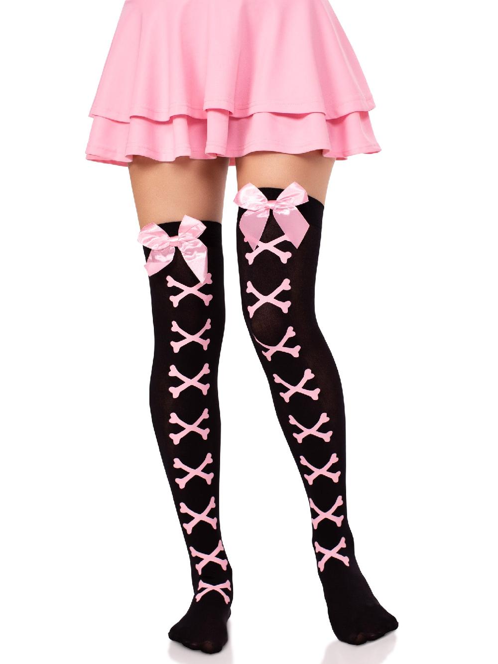 Leg Avenue Crossbone Opaque Thigh Highs Black/Pink
