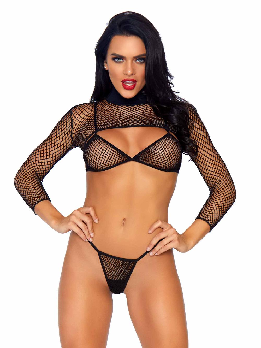 Leg Avenue Deep Cut Fishnet Bikini Set Black