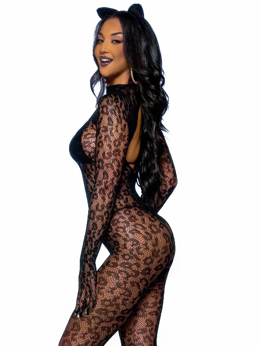 Leg Avenue Gloved Leopard Catsuit Black