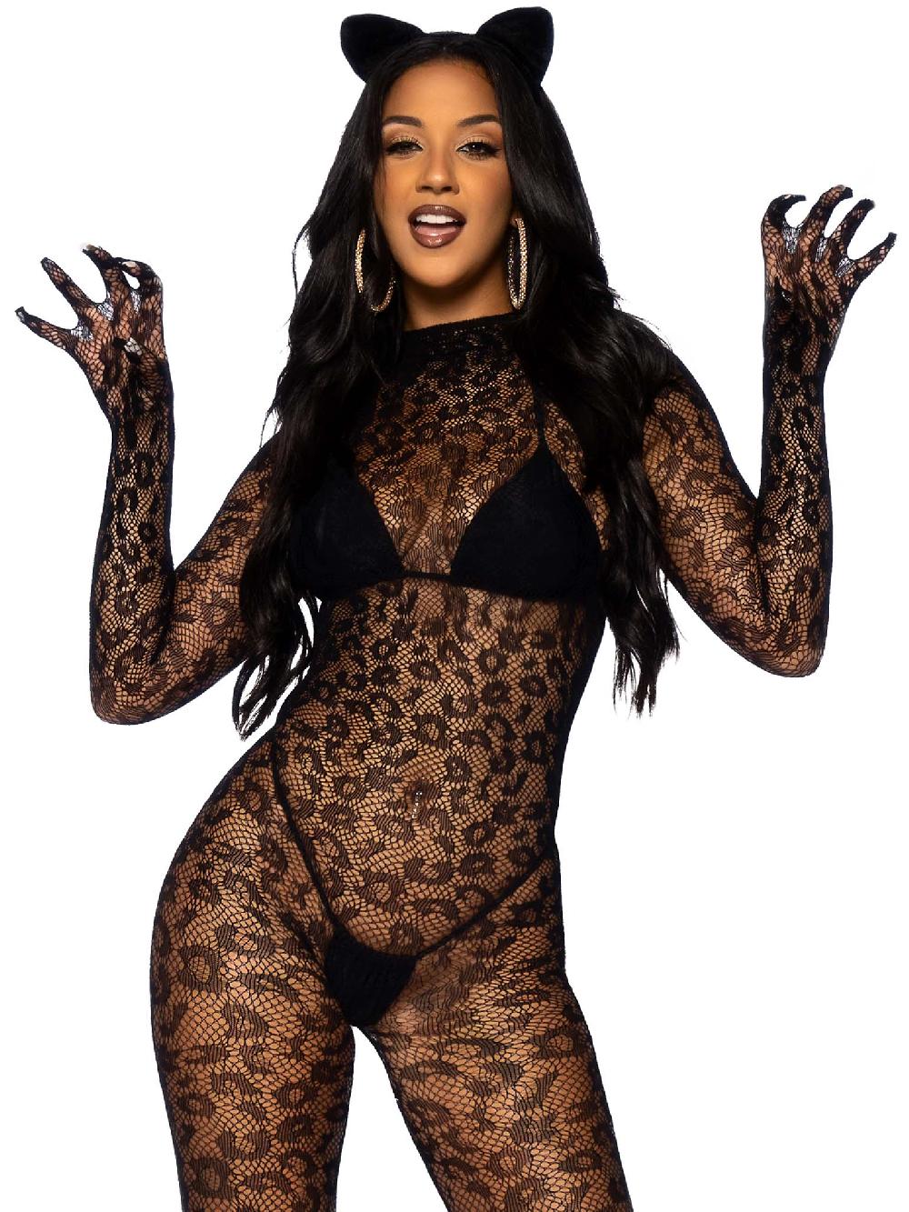 Leg Avenue Gloved Leopard Catsuit Black