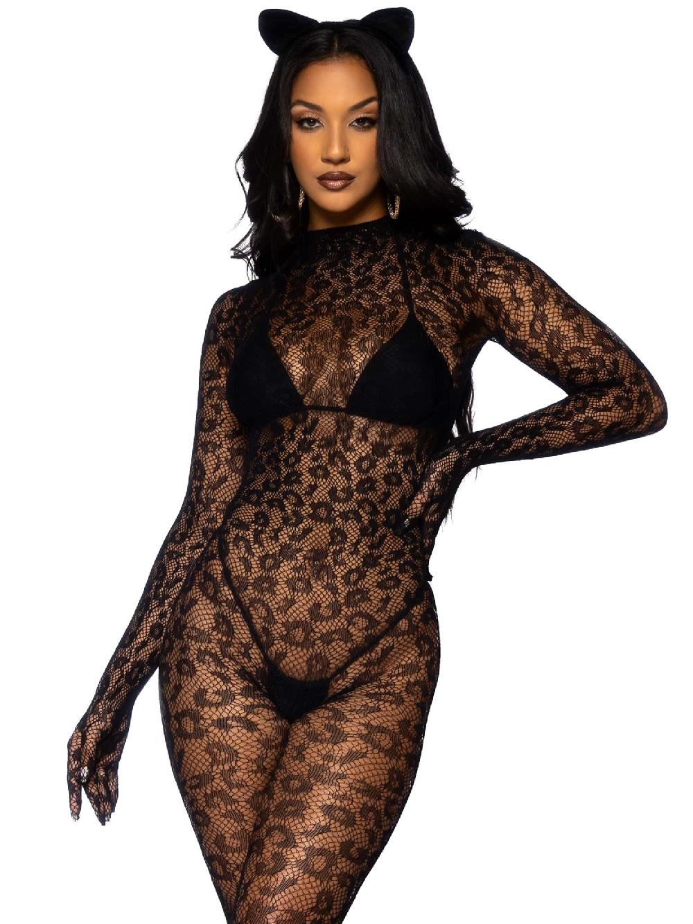 leg avenue Gloved Leopard Catsuit Black