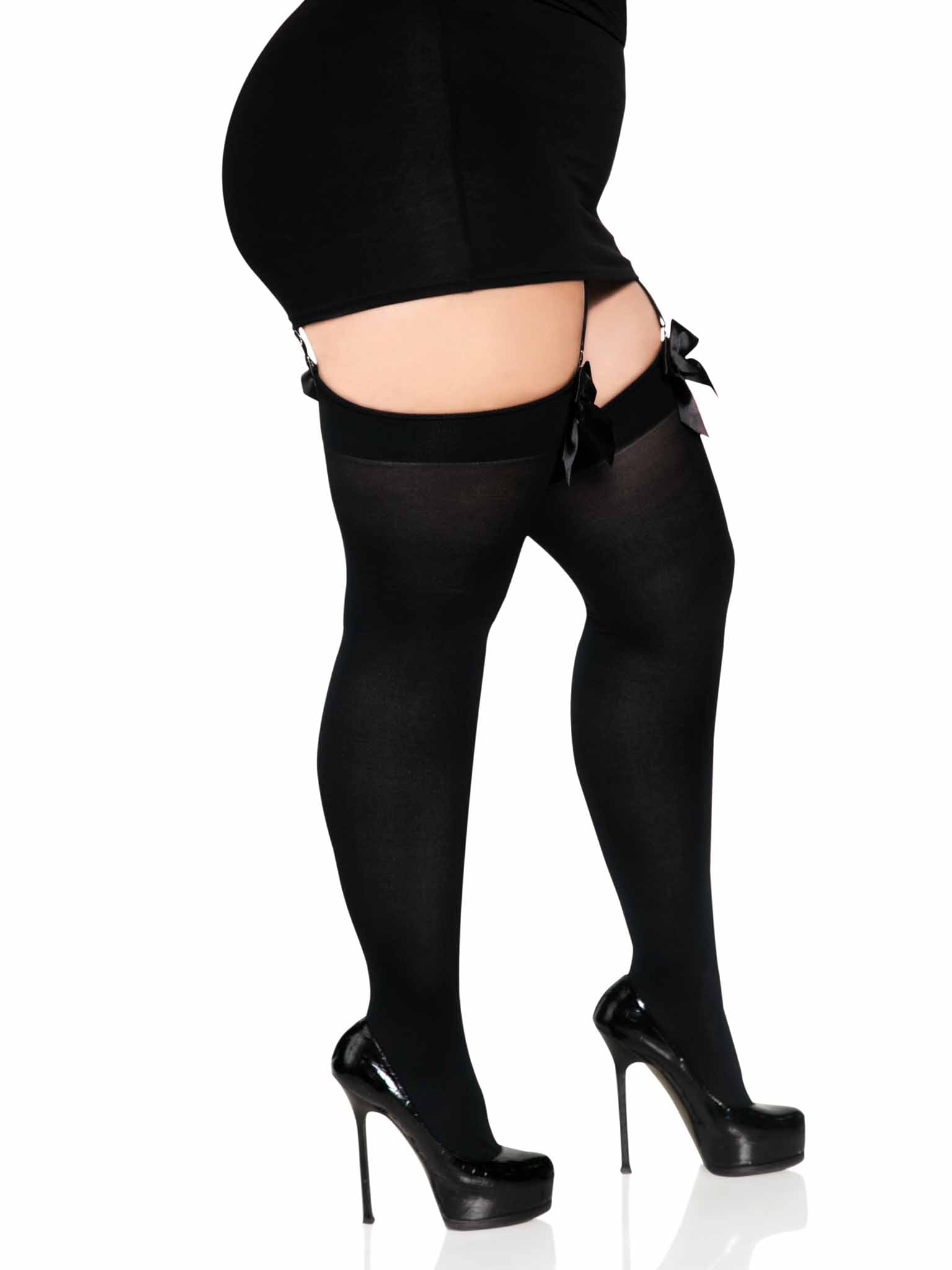 Leg Avenue Kay Plus Satin Bow Thigh Highs Black