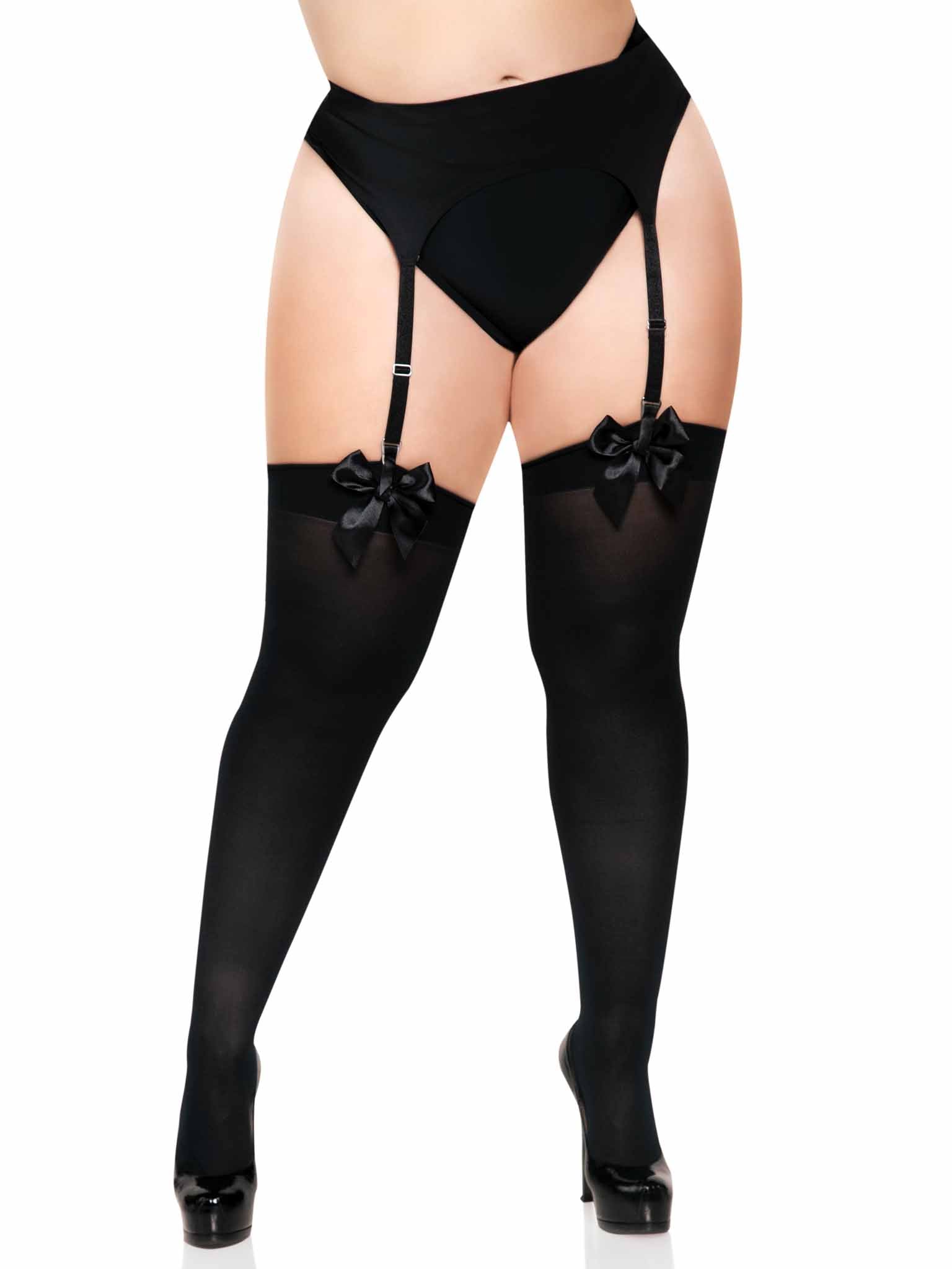 Leg Avenue Kay Plus Satin Bow Thigh Highs Black