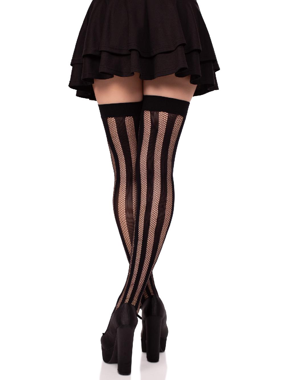 Leg Avenue Krya Striped Net Thigh Highs Black