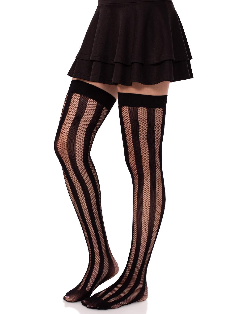 Leg Avenue Krya Striped Net Thigh Highs Black