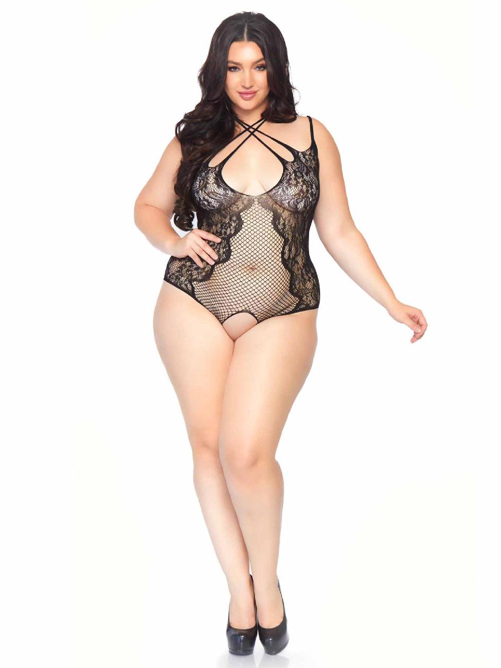 Leg Avenue Plus Afterglow Lace Halter Teddy Black