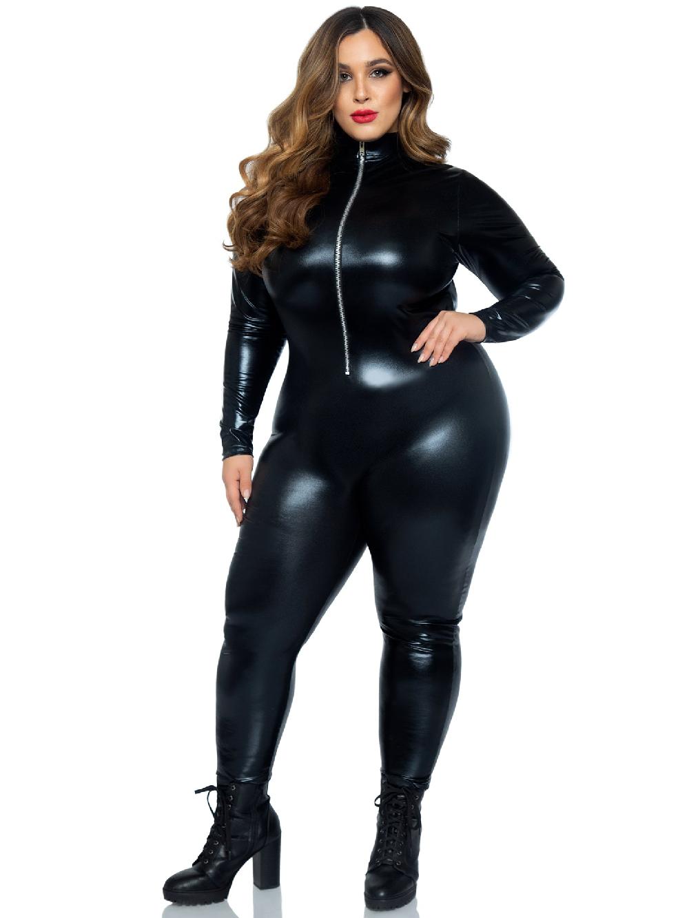 Leg Avenue Plus Wet Look Leather Catsuit Black
