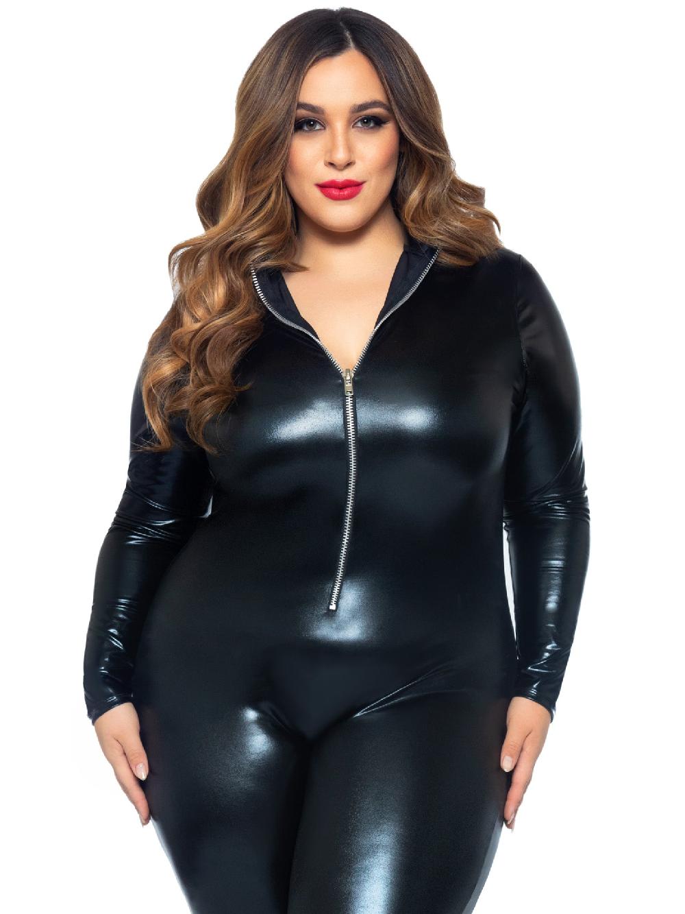 leg avenue Plus Wet Look Leather Catsuit Black
