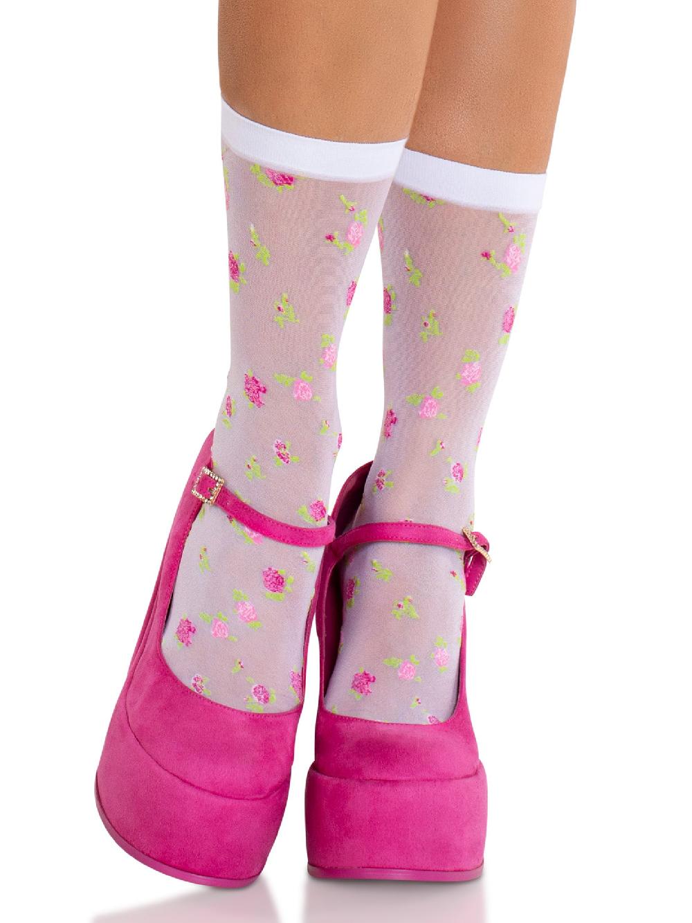 leg avenue Rosette Sheer Crew Socks White/Pink