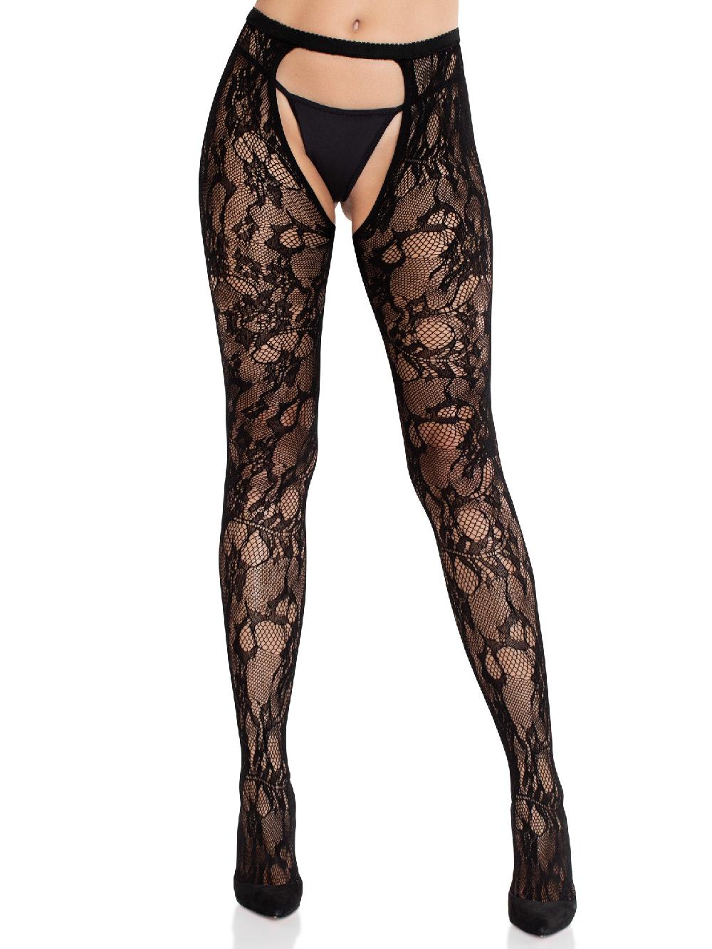 leg avenue Selene Lace Crotchless Tights Black