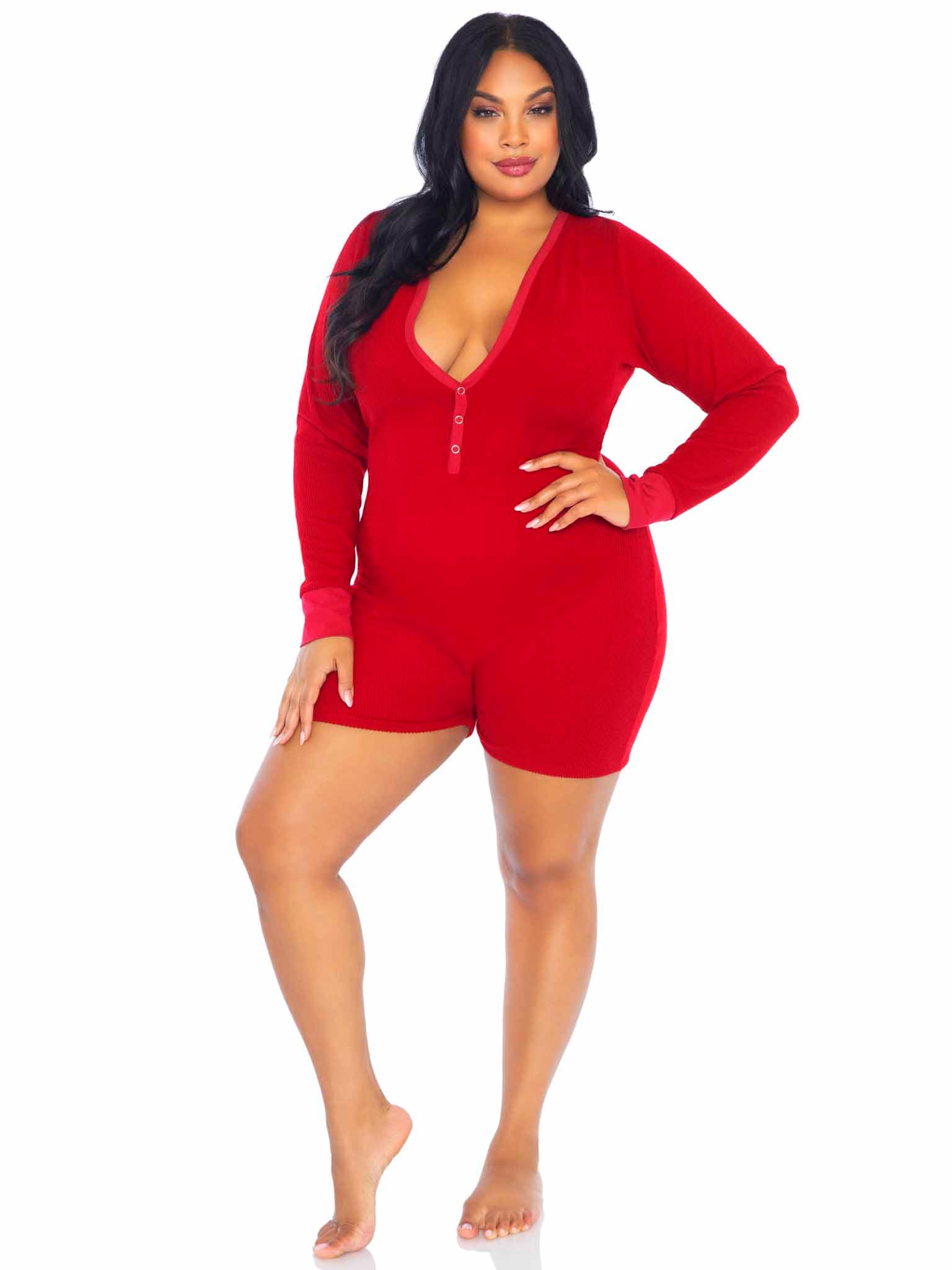 Leg Avenue Sweet Dreams Plus Long Johns Romper Red