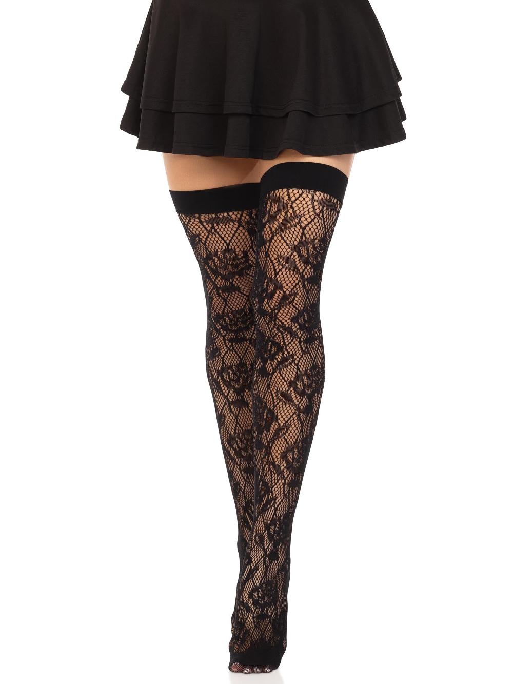 Leg Avenue Wild Rose Net Thigh Highs Black