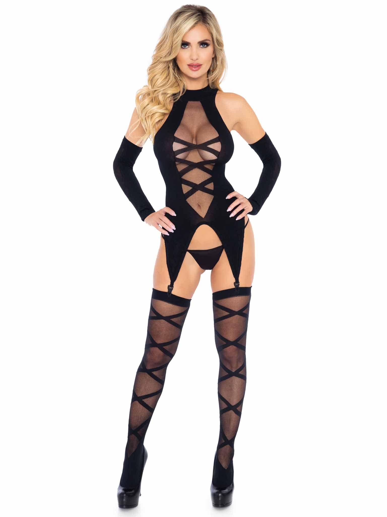 Leg Avenue Wrap Me Up Cami Top & Stockings Set Black