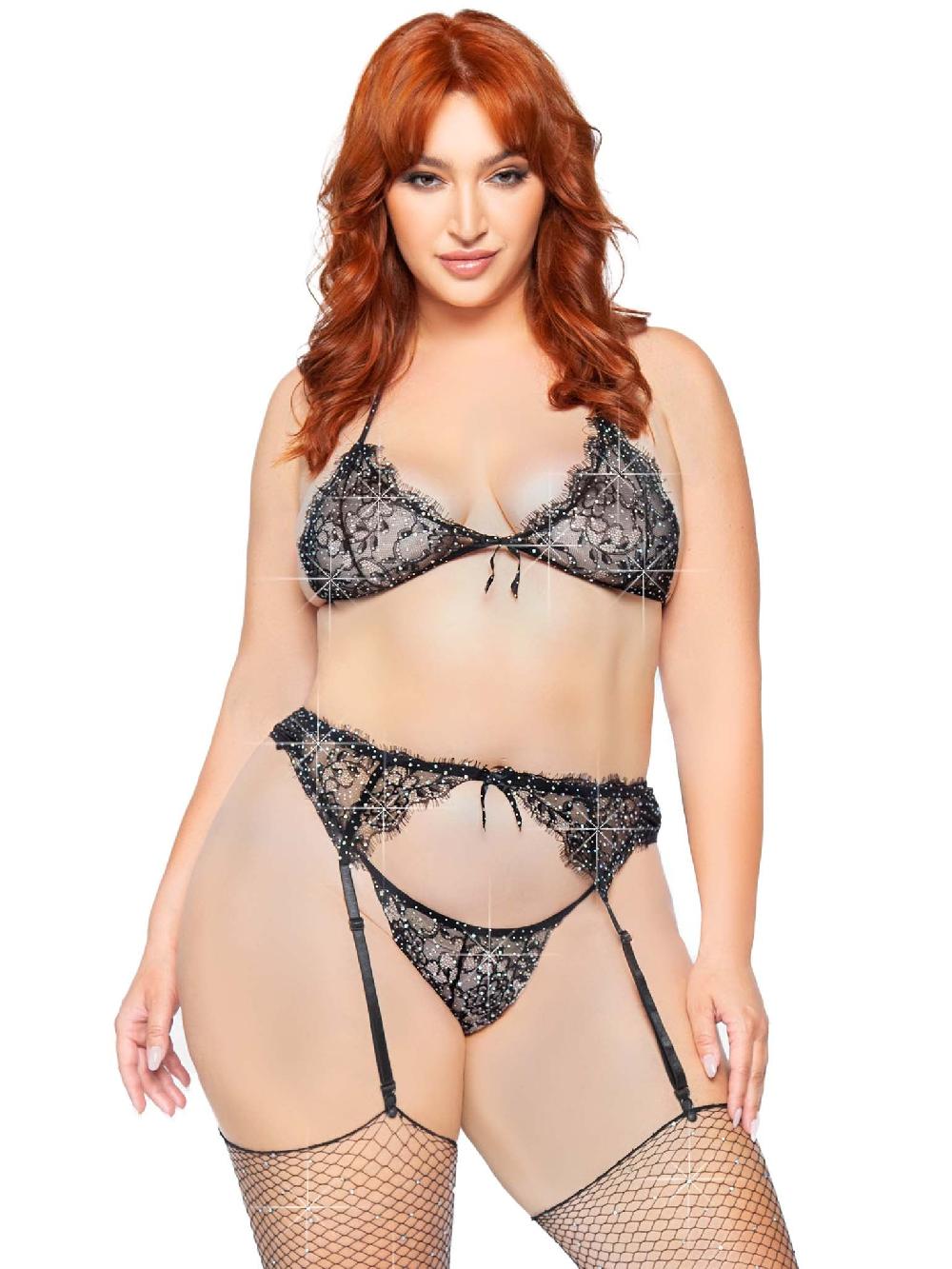 leg avenue Love to Love Plus Rhinestone Lace Bra Set Black