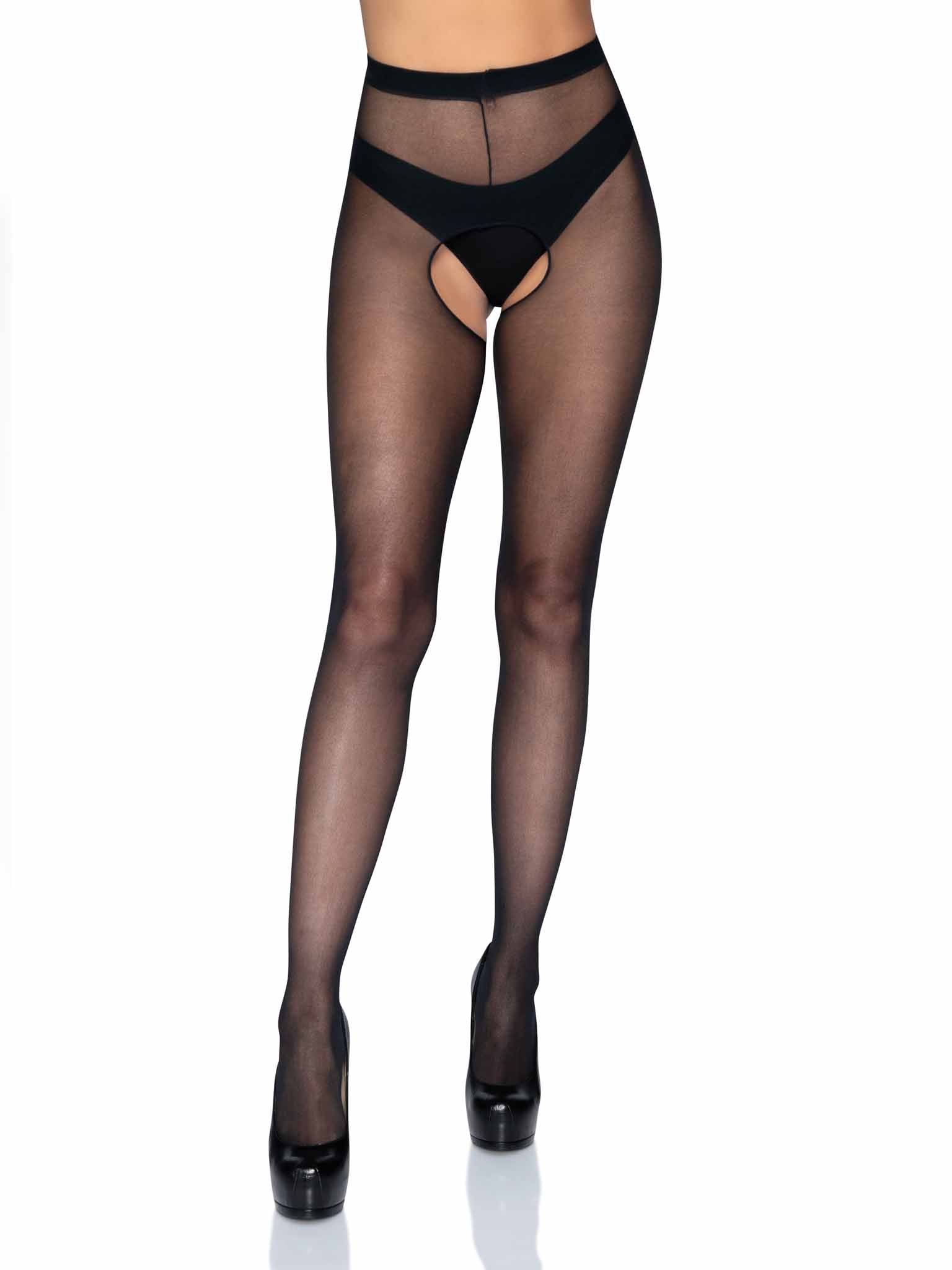 leg avenue Mercedes Sheer Crotchless Pantyhose Black