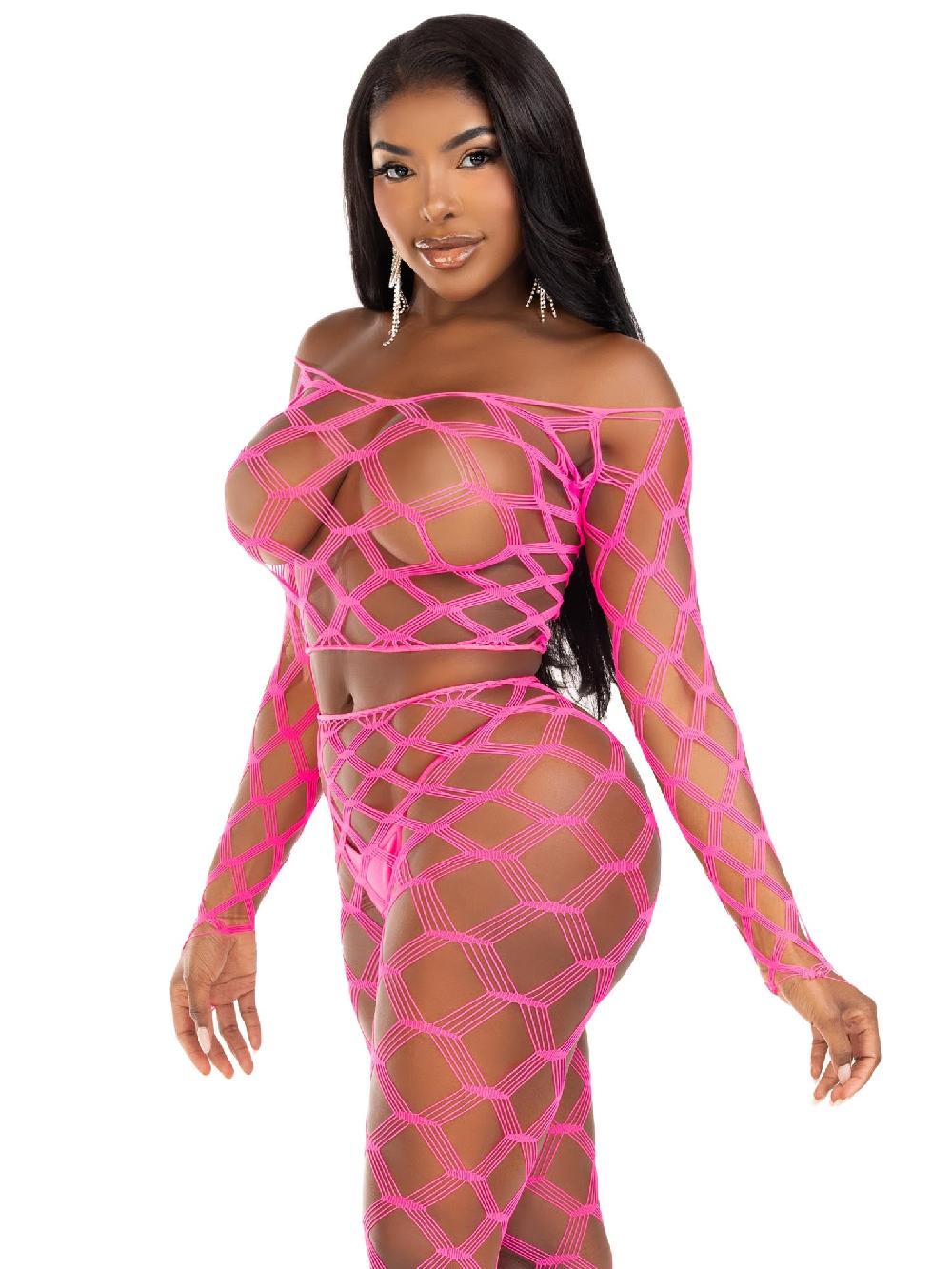 Leg Avenue Never Say Never Crop Top And Tights Set Neon Pink