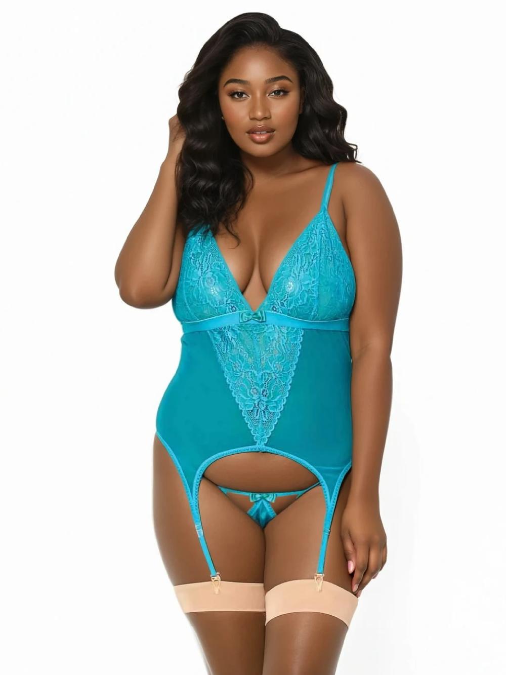 Leg Avenue Plus Come Play Cami Garter Set Turquoise