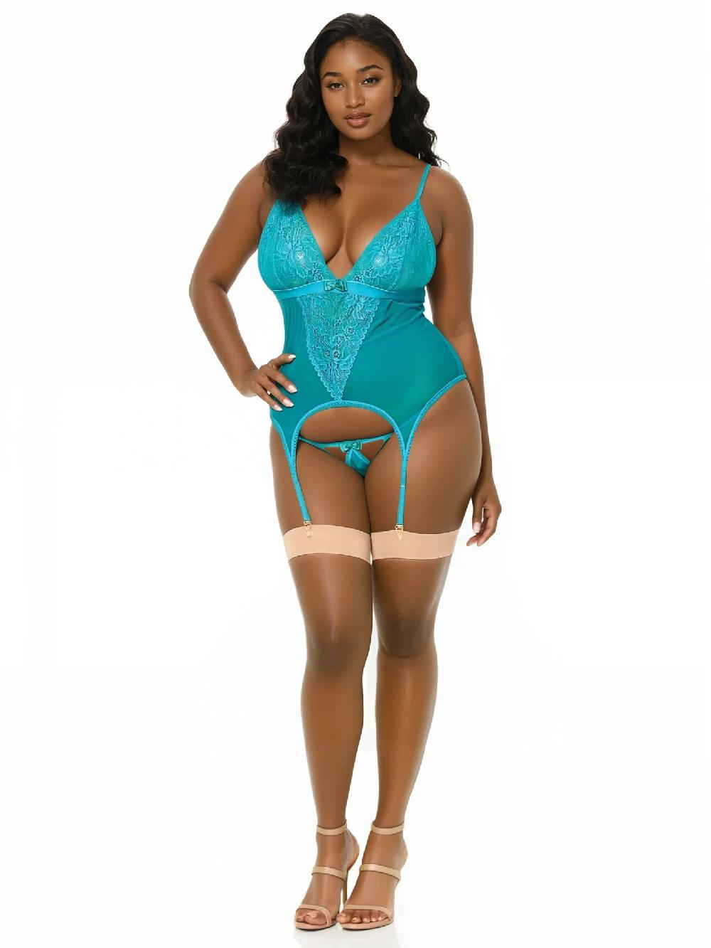 Leg Avenue Plus Come Play Cami Garter Set Turquoise